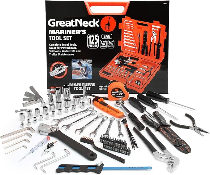 GreatNeck MS125 125 Piece Marine Tool Set, Complete With High Visibility, Water-Resistant Boat Tool Box Case, Anti-Rust Chrome-Plated Boat Supplies And Accessories, Orange