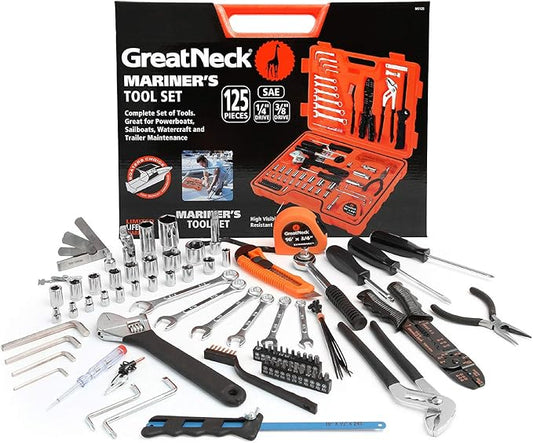 GreatNeck MS125 125 Piece Marine Tool Set, Complete With High Visibility, Water-Resistant Boat Tool Box Case, Anti-Rust Chrome-Plated Boat Supplies And Accessories, Orange