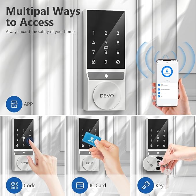 Devo G5 Smart Lock, Front Door Keyless Entry Door Lock, Bulit-in WiFi Door Lock, App Remote Control, Digital Smart Deadbolt, Electronic Touchscreen Keypad, Auto Locks, Easy Installation(Silver)