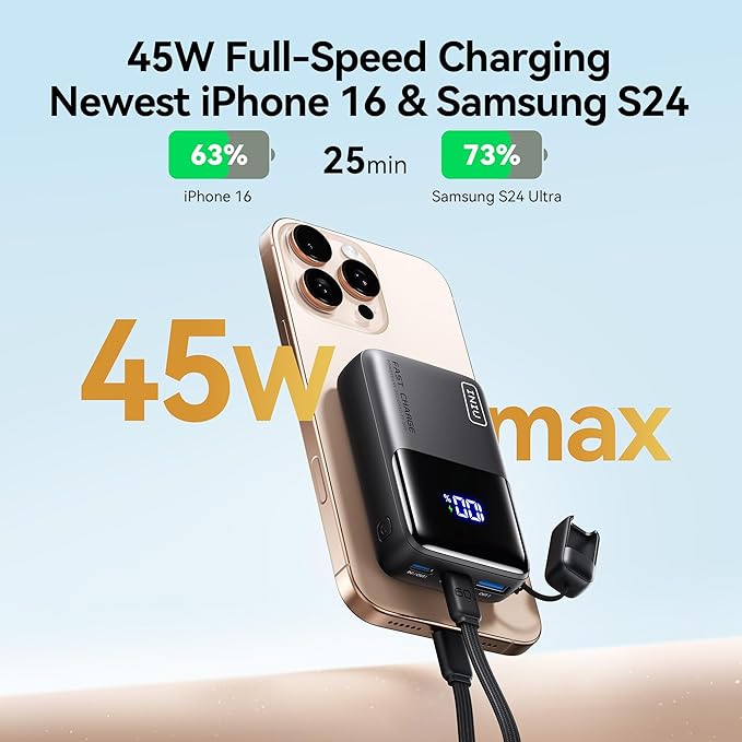 INIU Pocket Size Portable Charger, Ultra Small 10000mAh 45W PD Power Bank, USB C in&Out Fast Charging Battery Pack, Travel Essentials Powerbank for iPhone 17 16 15 14 Pro Air, iPad, Samsung S25 etc