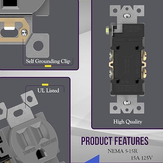 ENERLITES Tamper-Resistant Child Safe Duplex Receptacle Outlet, Residential/Commercial Grade, 3-Wire, Self-Grounding, 2-Pole, 15A 125V, UL Listed, 61580-TR-GY, Gray