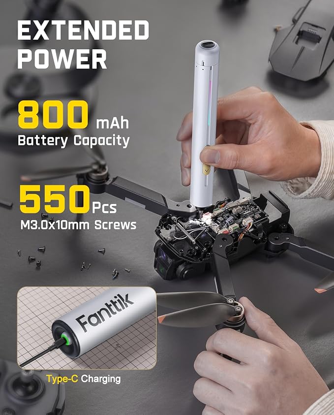 Fanttik E2 Ultra Mini Electric Screwdriver, Cordless Screwdriver, Max 0.6N.m, 50 Magnetic Bits, 5/32'' Hex, Magnetic Storage, Repair Tool for Electronics, Camera, Laptop, and PC Build (White)