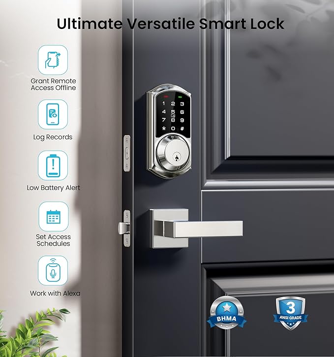 Veise VE06-L Smart Locks with 2 Lever Handle Set, App Control, Keyless Entry Deadbolt for Front Door, Electronic Digital Touchscreen Keypad, Auto Lock, Waterproof, Easy Installation, Satin Nickel