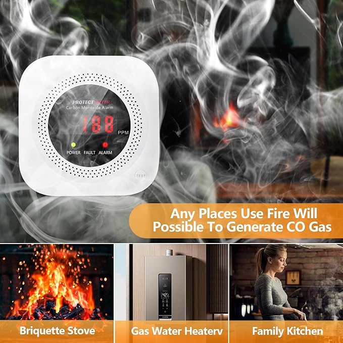 Carbon Monoxide Detectors,2 Pack 3in1 Portable Carbon Monoxide detectors Plug in Wall for Travel, CO Alarm/Monitor for Home/Hotel Room/RV with AC Socket with Temperature & Humidity Detectors