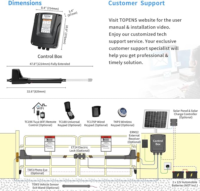 TOPENS AT1202 Automatic Gate Opener for Heavy Duty Dual Swing Gates Up to 18ft per Arm, Dual Swing Gate Operator AC Powered with Remote Control Kit Gate Motor Solar Compatible