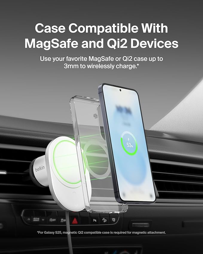 Belkin MagSafe-Compatible Wireless Car Charger with 15W Fast Charging, Powerful Magnetic Vent Holder for iPhone 16, 15, 14, 13, and 12 Series, Secure Car Phone Mount - White