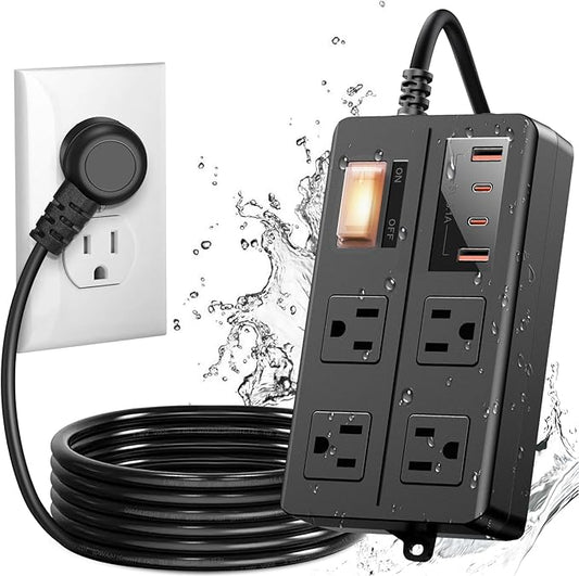 IPX6 Outdoor Power Strip Weatherproof, Waterproof Surge Protector with 4 Wide Outlet with 2A2C USB Ports, 10FT Long Extension Cord, Wall Mountable for Outside Decorations and More UL Listed(Black)