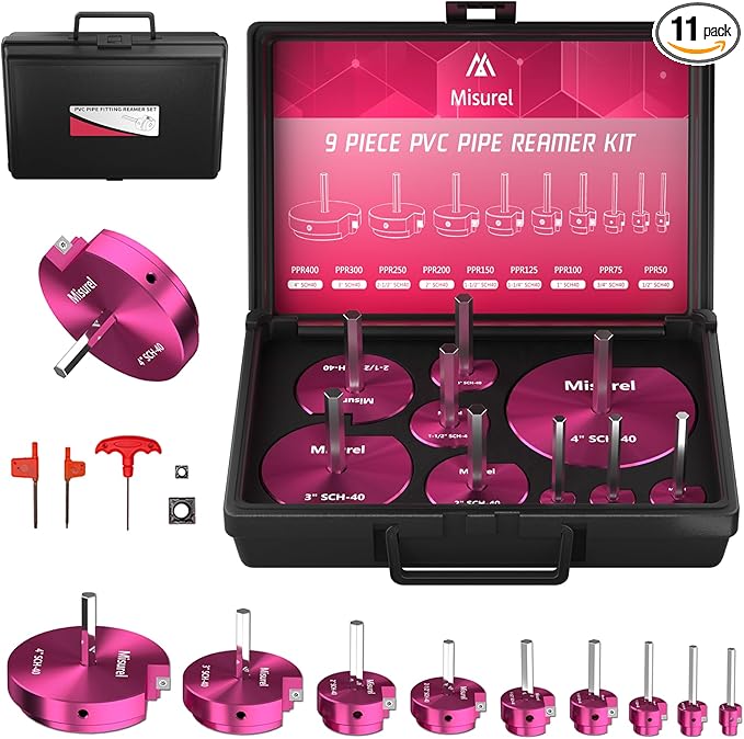 9 Pcs PVC Pipe Reamer Kit With 1/2 inch, 3/4 inch, 1 inch, 1-1/4inch, 1-1/2inch, 2inch, 2-1/2inch, 3inch, 4inch, 2 Carbide Inserts, Aluminum PVC Fitting Saver, Plumbing tools for SCH40