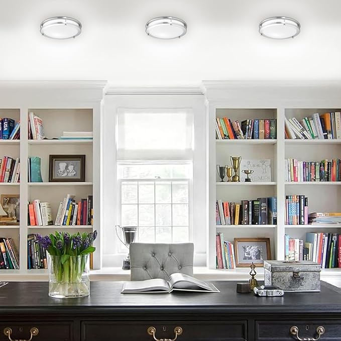 LUNABODE 18-Inch Double Ring Dimmable LED Flush Mount Ceiling Light, 20W, 5CCT 2700K-5000K,1400lm, Brushed Nickel Finish Steel, ETL Listed (4 Pack)