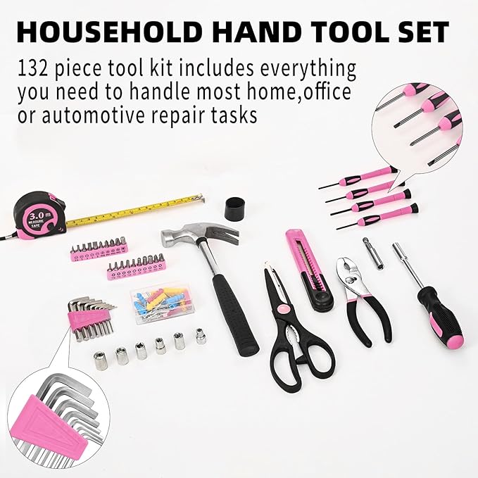 132 Piece Pink Household Tool Set General Household Hand Tool Kit with Plastic Toolbox Storage Case, All Purpose Small Tool Set Great for Home, Garage, Office and College Dormitory Use