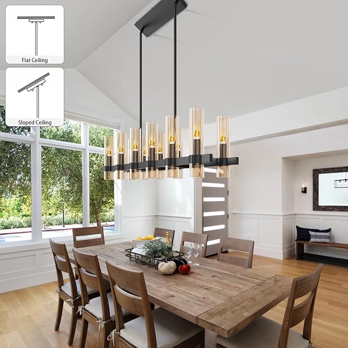 Modern Black Island Rectangle Chandelier with Amber Glass,48” Adjustable Height Modern Linear Light Fixture 12 Light Dining Room Chandelier Over Table for Dining Room Kithen Island