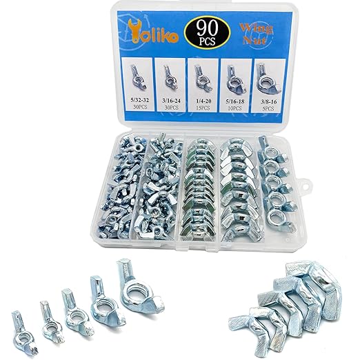 90 Pcs 5 Sizes 5/32",3/16",1/4",5/16",3/8" Wingnuts, Quality Carbon Steel Wing Nuts Zinc Plated Fasteners Parts Butterfly Nut, Hand Twist Tighten Hardware Nuts Butterfly Wing-Nut Assorted Kit