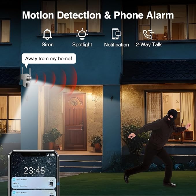 Dual Lens Dual Screen 2K Solar Security Camera Wireless Outdoor 360° View Battery Powered Camera with Spotlight Color Night Vision, PIR Sensor WiFi Home Security System