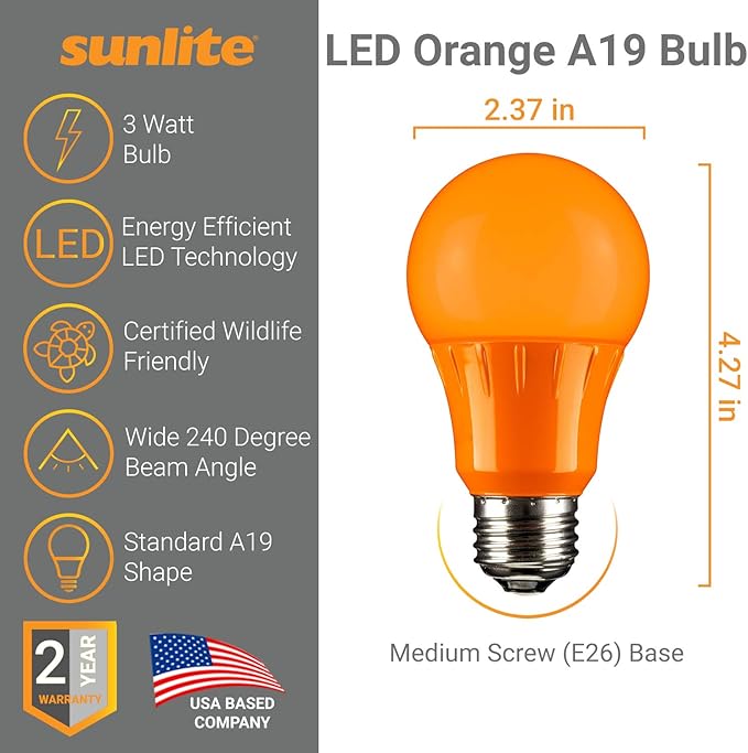 Sunlite A19/3W/O/LED LED A19 Colored Light Bulb, 3 Watts (25w Equivalent), E26 Medium Base, Non-Dimmable, UL Listed, 1 Count (Pack of 1), Orange