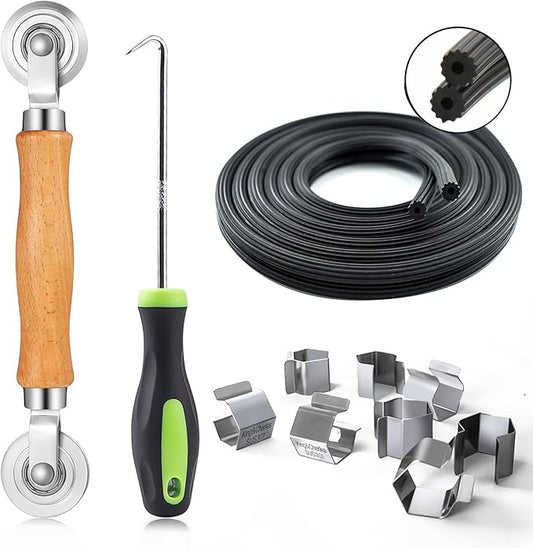 Screen Repair Kit, King&Charles 4 in 1 Screen Roller Tools with Bearing & Removal Hook & Clips(8 pcs) & Spline(32 ft) and User Manual, for Install/Replace Door Window Mesh