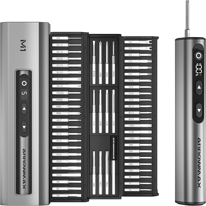 AM ARROWMAX 7.4V Mini Electric Screwdriver, Precision Electric Screwdriver Set, 60 in 1 Magnetic Bit, 5 Torque Settings, 5/32''Hex, Repair Tools For Phone Camera Laptop Watch (M1)