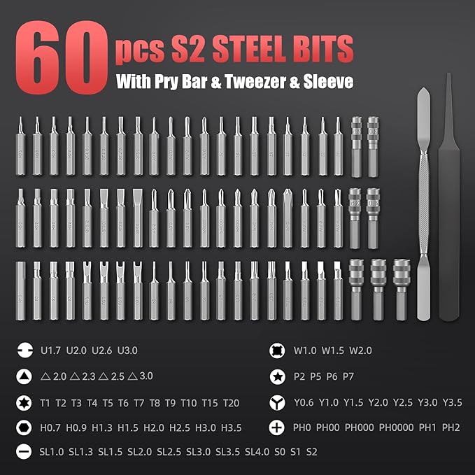 ANDELI Rechargeable Mini Electric Precision Screwdriver Set, 3.7V, 60 Magnetic Bits, 7 Sockets, Type-C Charging, for Gamepads, Phones, Watches, Cameras, Laptops, Drones