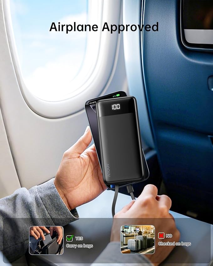 Portable Charger with Built-in Cables 10000mAh Power Bank with Cords, Slim Fast Charging Battery Pack, Travel Essential Portable Charger for iPhone 17/16/15/14/13 Series, Samsung Google Pixel iPad