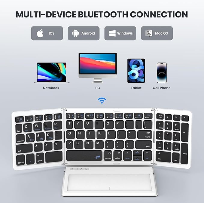 Foldable Bluetooth Keyboard, Portable Full Size Folding Keyboard with Large Touchpad, Numeric Keypad, PU Leather, Wireless TravelKeyboard for Windows iOS Android Mac(Black-White)