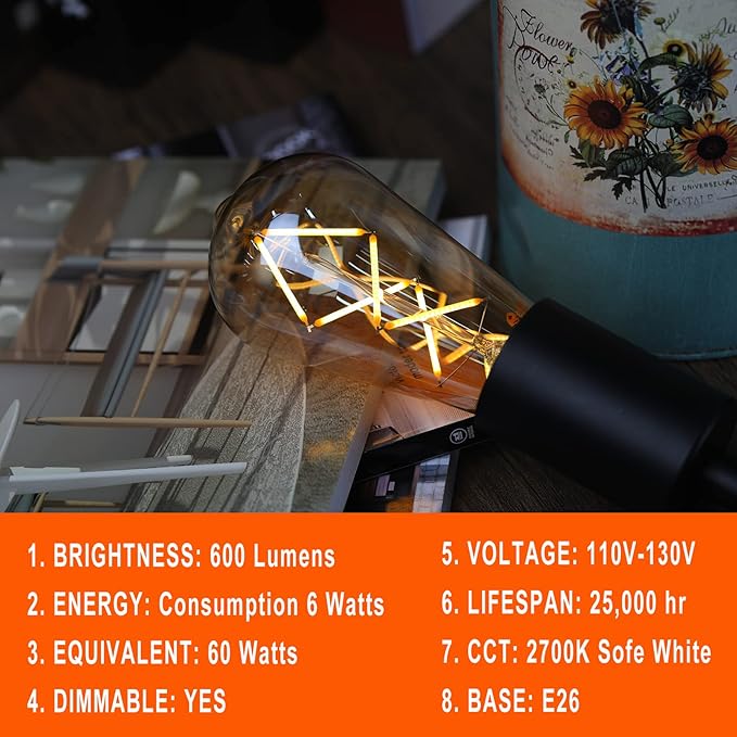 OMED Dimmable LED Vintage Edison Bulbs, ST64 2700K Soft White Fishbone Filament Antique Edison Bulbs Whit E26 Base 60 Watt Equivalent, 6W 600LM Old Fashioned Amber Glass Spiral Light Bulbs 12 Pack