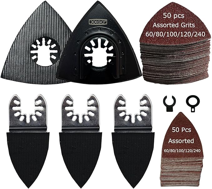 XXGO Oscillating Multi Tool Sanding Kit - 105 Pcs Including Triangle & Finger Sanding Pads, 100 Pcs Multi Tool Sandpaper for Wood