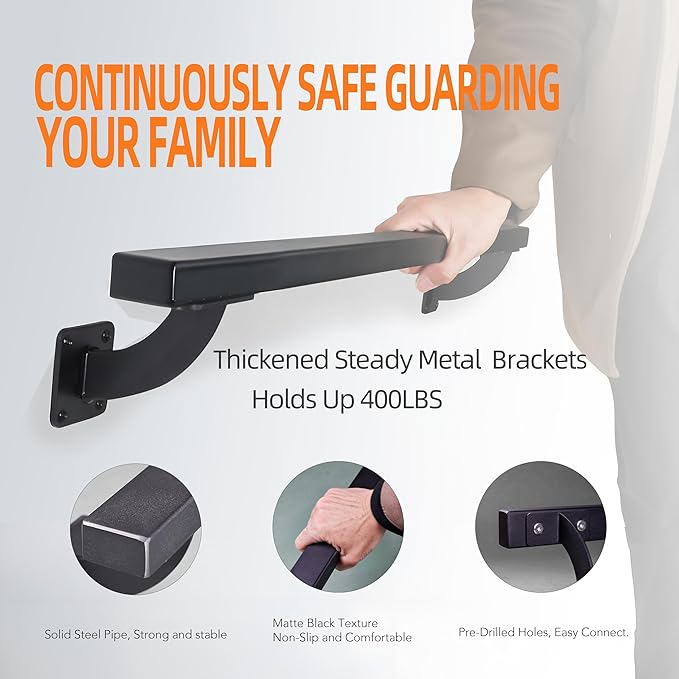 4 FT Heavy Duty Black Metal Staircase Handrail Indoor Stair Railing - 48 Inch Wall Mount Iron Pipe Hand Rails for Indoor & Outdoor, Banister Steps Rail Safety Wall Grab Bar for Handicap