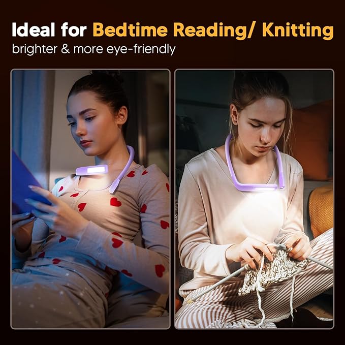 Purple Neck Light with Storage Case, 10-80Hrs Eye-friendly Book Reading Lamp, Knitting Crochet Sewing Craft Light Rechargeable Adjustable, Christmas Birthday Gifts for Book Lovers Knitters Crafters