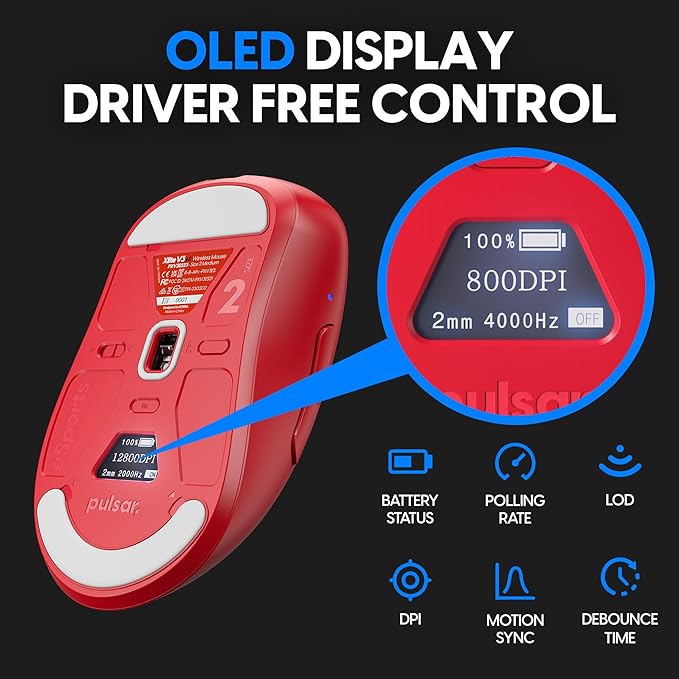 Pulsar Gaming Gears - Xlite v3 ES Wireless Gaming Mouse, Limited Edition, Ergonomic, Optical Switch, OLED Display, Driverless, PAW3395 Sensor, 100H Battery, 4K dongle Included (Medium, Red)