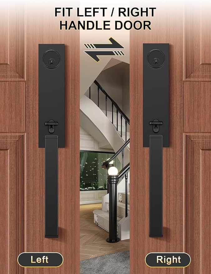Full Escutcheon HandleSet Front Door Entry Handle and Deadbolt Lock Set Slim Square Single Cylinder Deadbolt and Lever Heavy Duty – Matte Black Finish