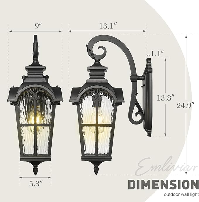 Emliviar Porch Outdoor Wall Lantern, Vintage Wall Mount Light Fixture with Water Ripple Glass, Matte Black Carriage Light for Yard, Barn, Patio, WE215BM-SW BK