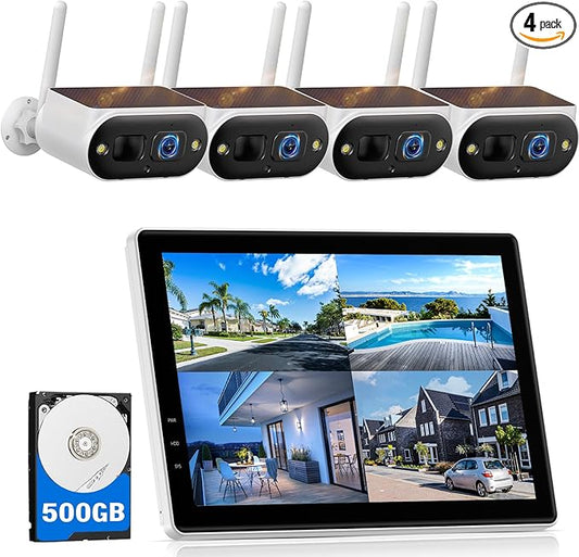 Camcamp Solar Camera Outdoor Wireless with 10" Monitor, 4MP Home Security Camera System, Solar-Powered, Color Night Vision, 10CH Expandable, 500GB Local Storage for Surveillance, 2.4 & 5GHz WiFi