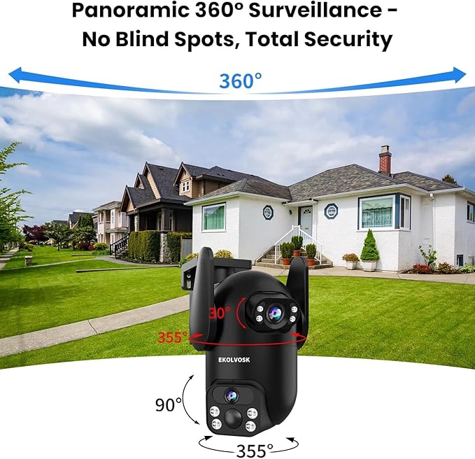 Solar Security Cameras Wireless Outdoor, Dual Lens 2K 360° View Cameras for Home Security, 2.4/5 GHz Wi-Fi, 2-Way Audio, Night Vision, Motion Detection, SD/Cloud Storage, IP65 Outdoor Camera