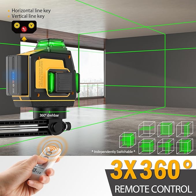 Laser Level 360 Self Leveling, SAVSEC 3 x 360 3D Stepless Dimming(Up to 37H) Green Line Laser, Cross Line Laser Leveler Tool for Construction and Picture Hanging, Rechargeable Battery