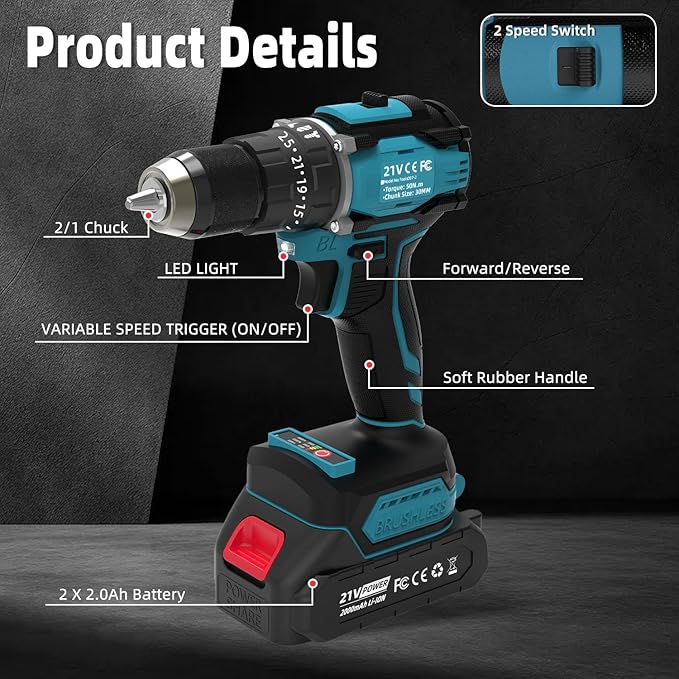21V Cordless Power Drill/Driver Set, 80Nm Max Torque with 2 Batteries & Charger, 1/2 Inch Keyless Chuck, 3 Modes & 25 Position Torque Adjustment, 29Pcs Accessories for Home Use