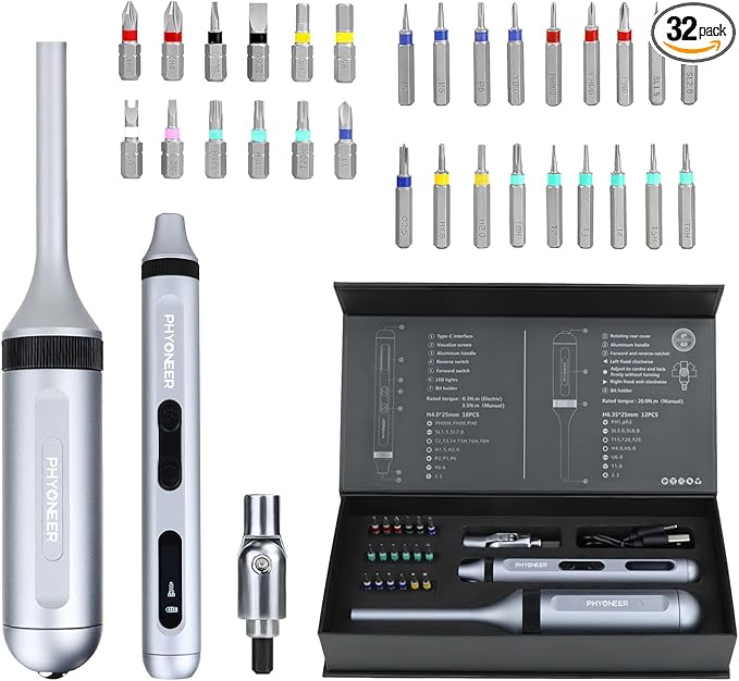 34pcs Ratcheting Electric Screwdriver Set Multibit Screwdriver Portable,Multi-Function Milwaukee Impact DIY Repair Tool Kit with Aluminum Handle for Electronics,pc,USB Rechargeable