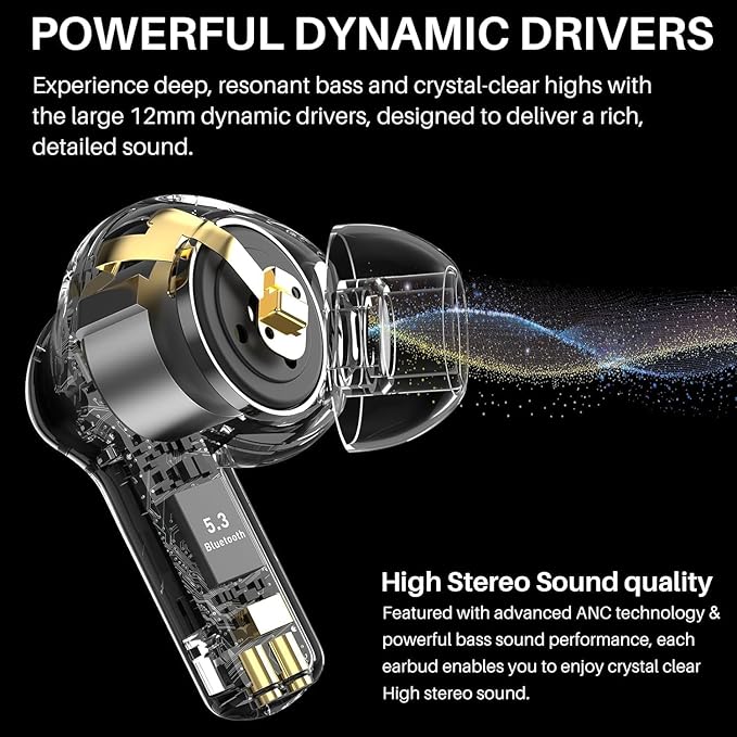 TOZO NC3 Hybrid Active Noise Cancelling Wireless Earbuds with 6 Mics AI Clear Call Ear Buds 55H Playtime with LED Display 32 Preset EQs via APP Bluetooth 5.3 IPX8 Waterproof in Ear Headphones