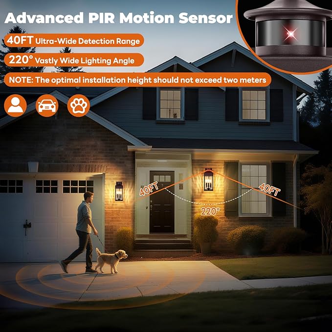 3-Light Motion Sensor Outdoor Wall Light, Waterproof Exterior Wall Sconce Light Fixture with Water-Rippled Glass, Dusk to Dawn Brown Outside Wall Lantern for House, Porch, Patio,Bulbs Not Included