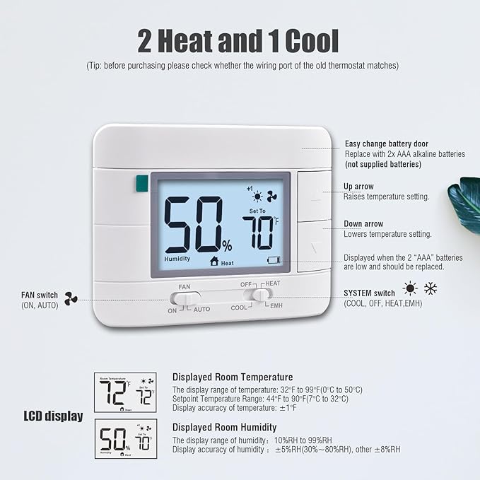 2 Heat/ 1 Cool Non-Programmable Thermostat for Home Heat Pump System and Conventional Single-Stage System, with Room Temperature & Humidity Monitor (White Backlit Screen)