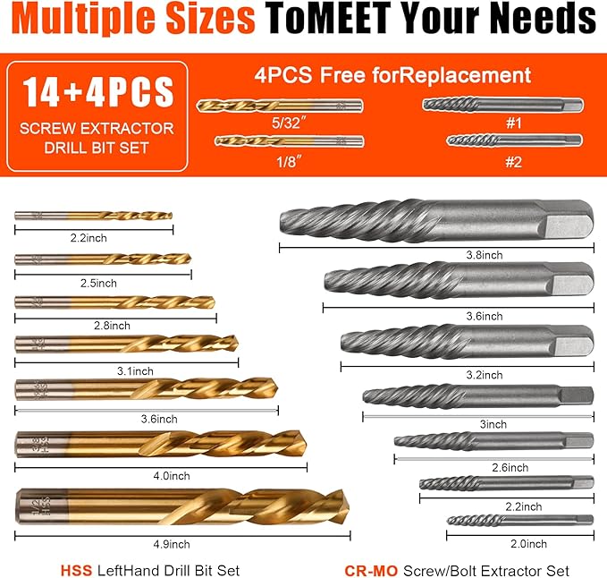 18pcs Screw Extractor Set and Left Hand Drill Bits for Removing Broken Bolt Extractor Kit, Easy Out Screw Extractor Set, Screw Remover Tool with Storage Case, Gifts for Men, Dad and Husband