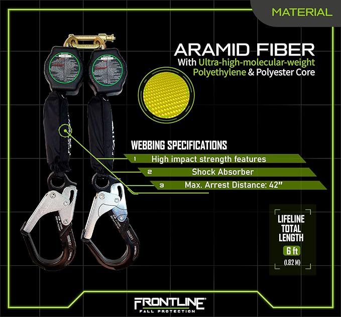 Frontline RPA062RA 6' Aramid Web Twin Leg SRL with Aluminum Rebar Hook Ends | 310 lbs Capacity | Lightweight & Durable | Aramid Fiber Webbing | ANSI & OSHA Compliant | ISO Lab Tested