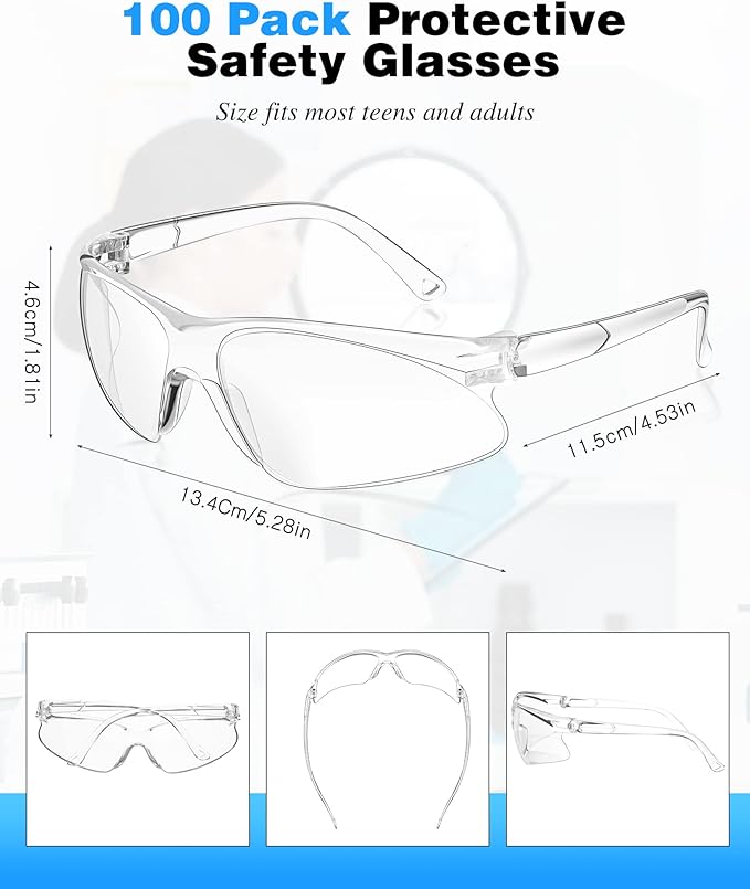 Xuhal 100 Pair Safety Glasses Bulk Clear Eye Protection Ansi Z87.1 Protective over Eyeglasses