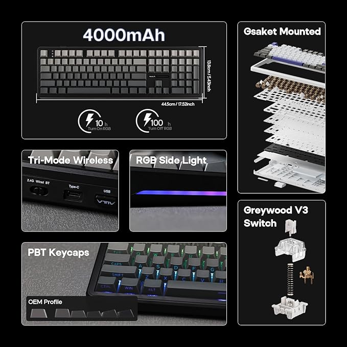 EPOMAKER Aula F108 Wireless Gaming Keyboard, Full Size Mechanical Keyboard with 4000mAh Battery, 108 Hot-Swappable and Programmable Keys, RGB Backlight, for Mac/PC/Android (Black Gradient)