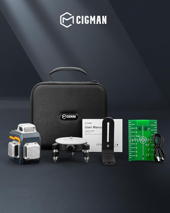 3x360° Laser Level with Remote&APP Control, CIGMAN Green Self Leveling Cross Line Laser for Construction and Picture Hanging, 3D Vertical/Horizontal Line, Magnetic Rotating Stand Included, CM-S01