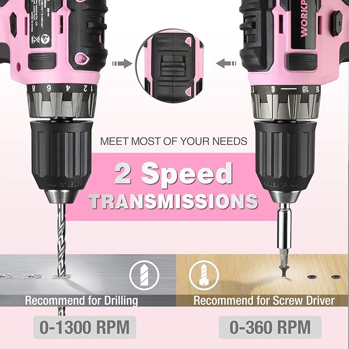 WORKPRO 20V Pink Cordless Drill Driver Set, 3/8” Keyless Chuck, 2.0 Ah Li-ion Battery, 1 Hour Fast Charger and 11-inch Storage Bag Included - Pink Ribbon