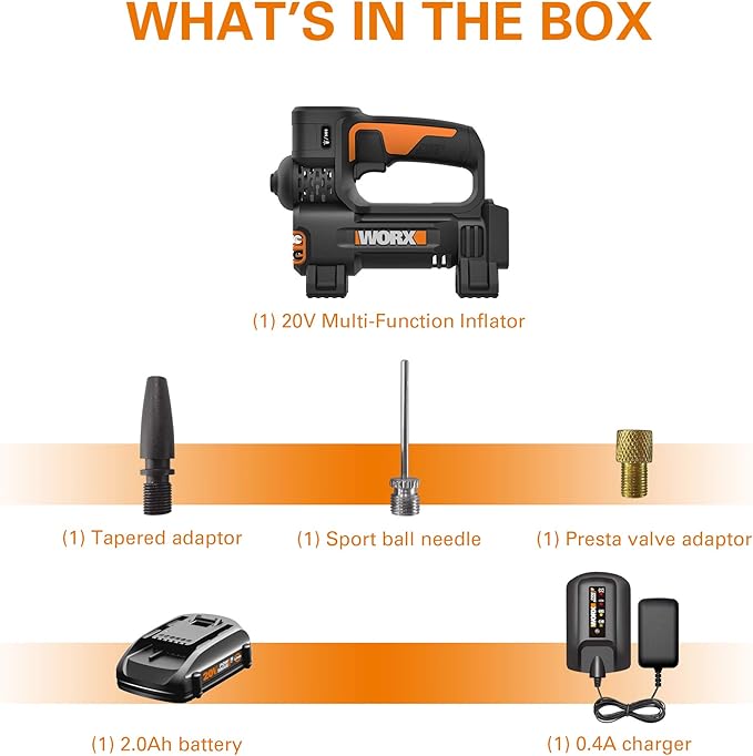 Worx WX092L 20V 2.0Ah 2 in 1 Cordless Inflator Battery and Charger Included, max. 10 Bar, Digital pressure display