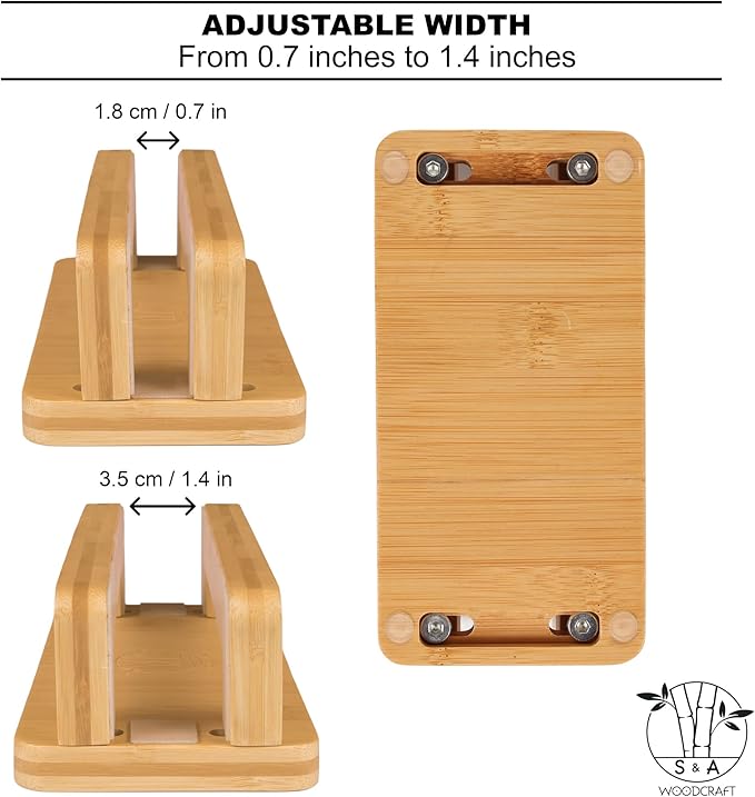 S&A WOODCRAFT Bamboo Wood Vertical Laptop Stand, Adjustable Wooden Laptop Holder, Non-Slip Laptop Dock Compatible with Apple MacBook, Microsoft Surface, Gaming Laptops, IPad, Tablets