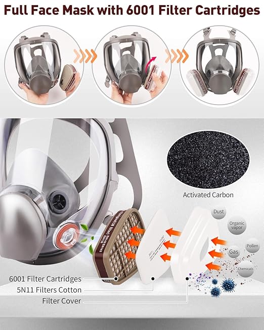 Full Face Respirator Mask - Reusable Organic Vapor Gas Mask with Activated Carbon Filters and Anti-fog Gas Cover Against Dust Fume for Painting, Polishing, Welding, Staining, Cutting