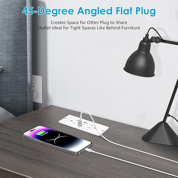 HHSOET 5 in 1 Recessed Power Strip Flat Plug, 20W Fast Charging Furniture Outlet with USB, Conference Recessed Socket with 2 AC Plugs, 2 USB Ports 1 USB-C, 6ft Power Cord. (White)