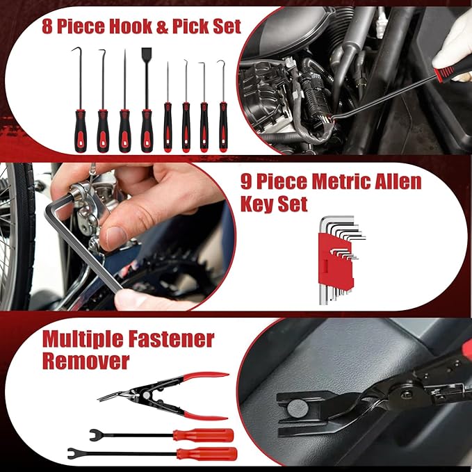 Sundpey 132-PCs Car Tool Kit - Portable General Basic Home and Automotive Repair Tool Set with Drawer for Men Women with Hook & Pick & Fastener & Valve Stem Removal Tools for RV Truck Motorcycle Bike