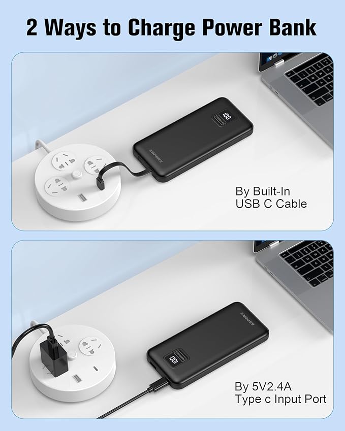 AsperX 2-Pack 10000mAh Portable Charger with Built-in Cables, USB-C Output Power Bank Fast Charging, LED Display Travel Essential Battery Pack for iPhone Android Google Pixel LG iPad Heated Vest, etc